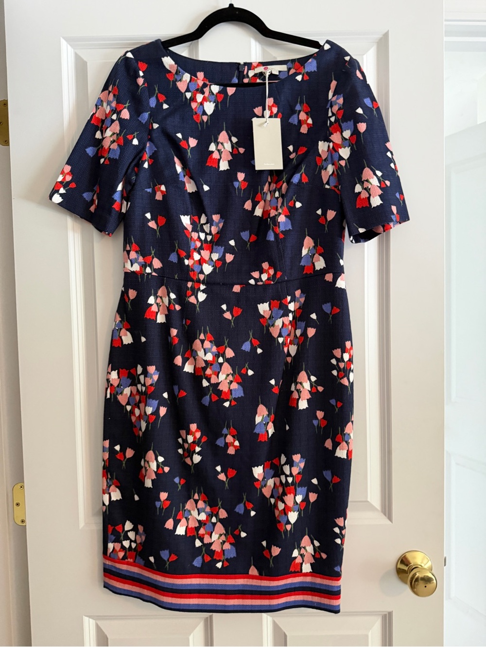 Boden Navy Floral tweed Sheath Dress with Red & Pink Accents